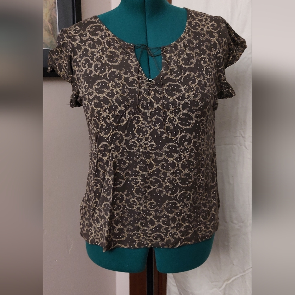 Calvin Klein XL Brown Print Top w/ Split Neck & Tie Detail